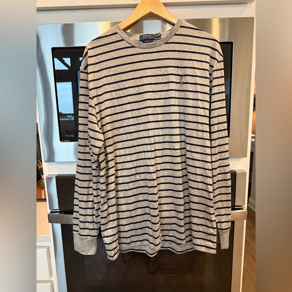 Ralph Lauren Striped Long-Sleeve Crewneck Shirt - Gray & Navy